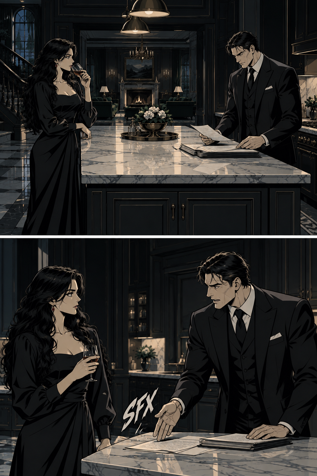 Inside the kitchen. Sienna is leaning against the marble island, sipping a drink. Antonio is at the island, looking at some paperwork, his expression serious.