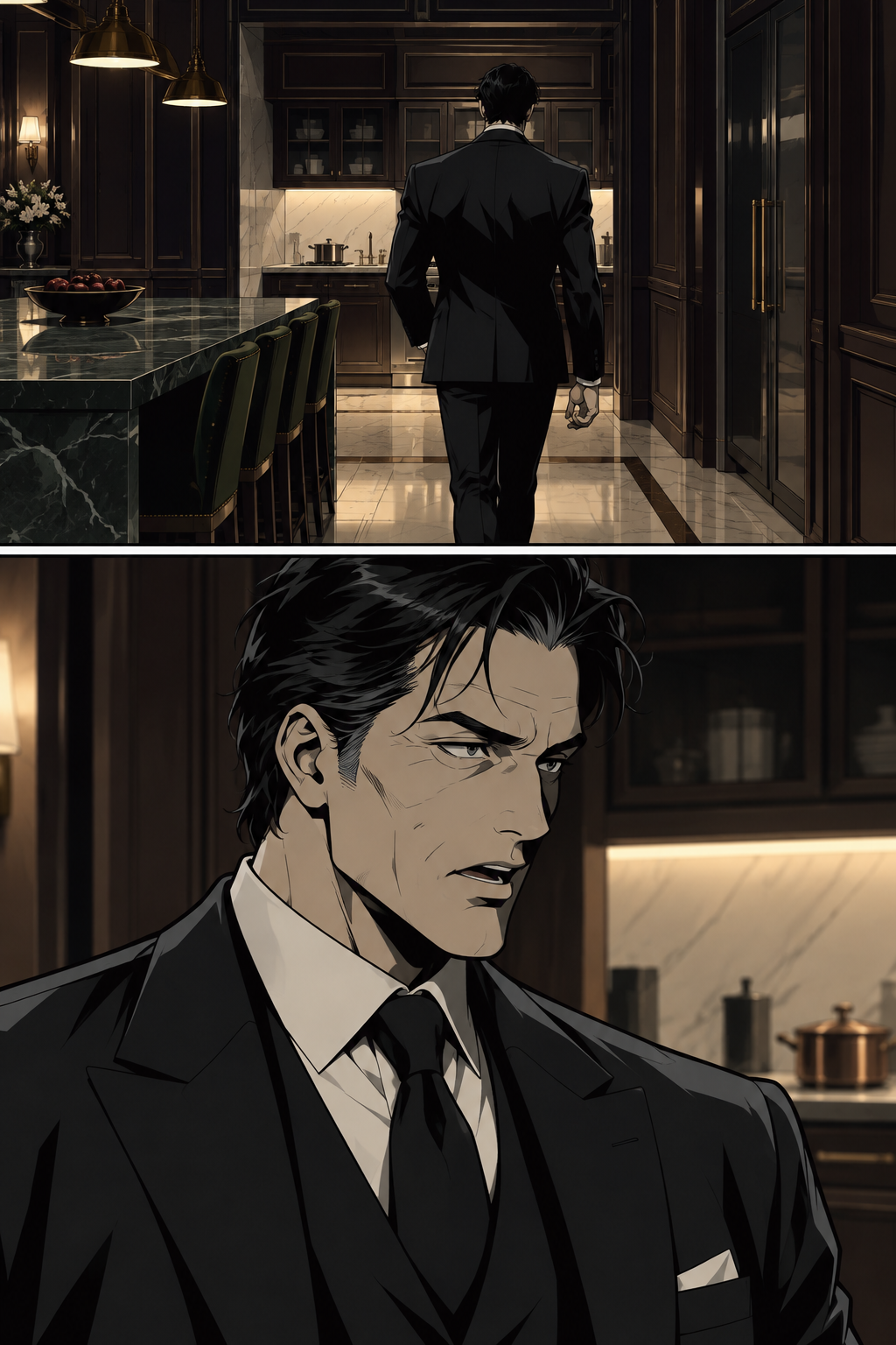 Antonio moves from the island to a more private area of the kitchen, lowering his voice as if discussing a sensitive business matter.