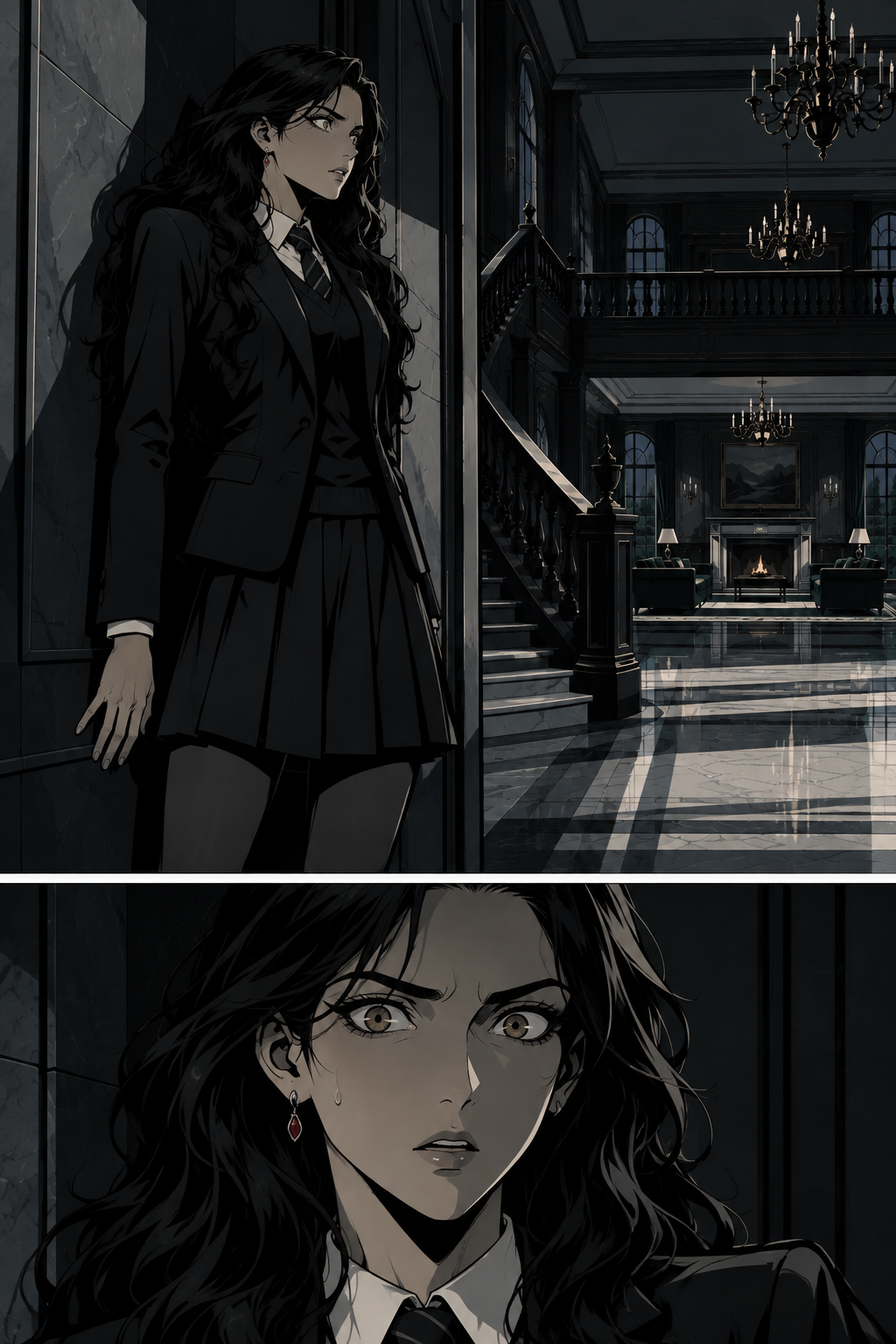 Aurelia has retreated further into the darkness of the hallway, pressing her back against the cold stone. Her exhaustion is replaced by a sharp, growing sense of dread.