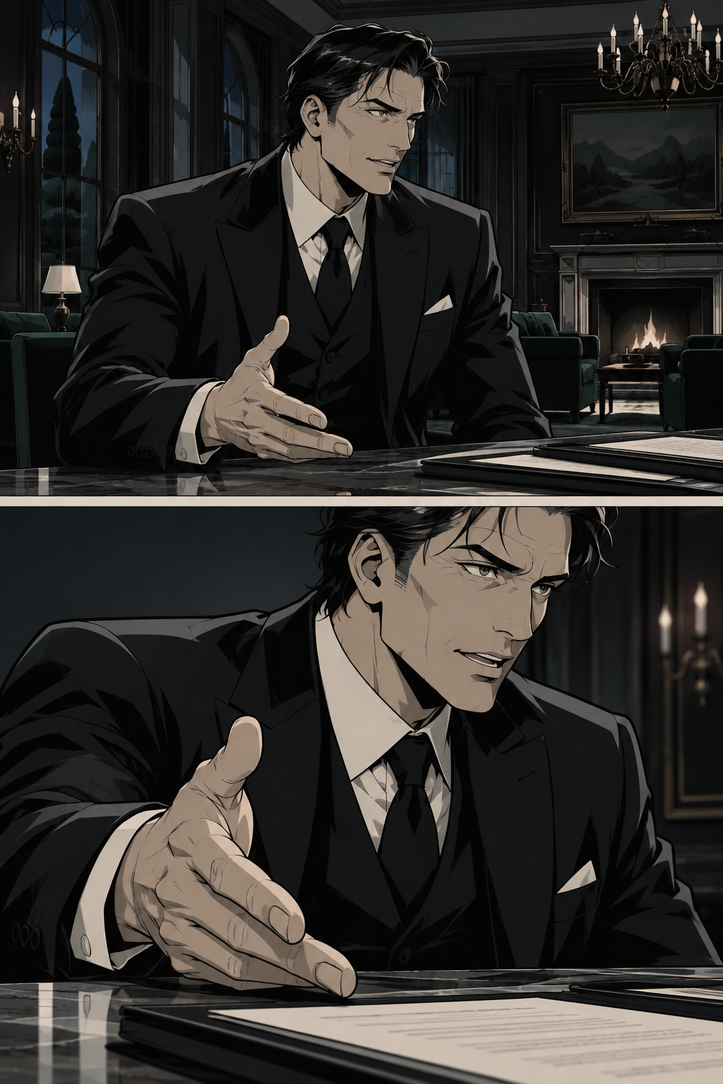 Antonio speaks, his words dripping with false benevolence while discussing the necessity of the plan.