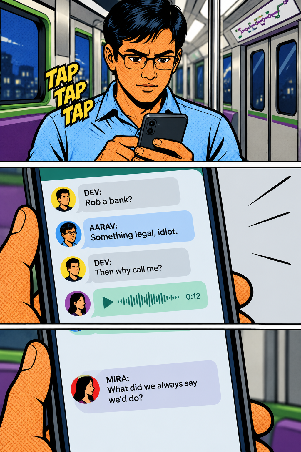 He asks the question; the friends reply.