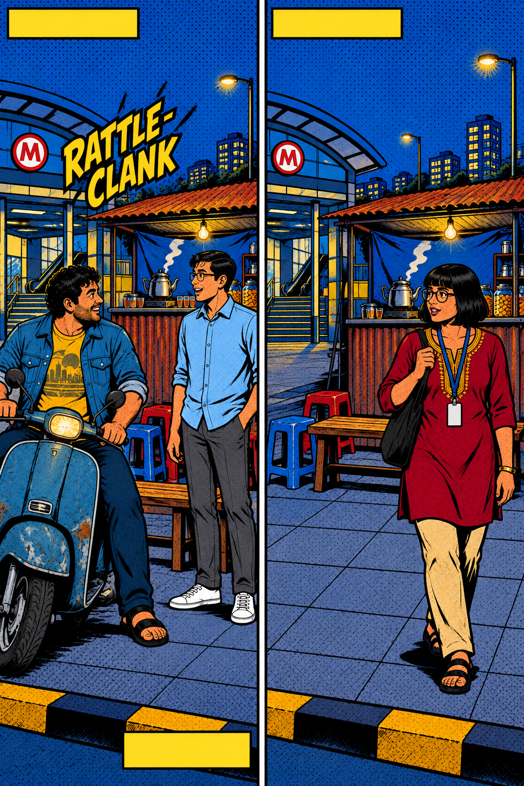 Friends gather at the tea stall.