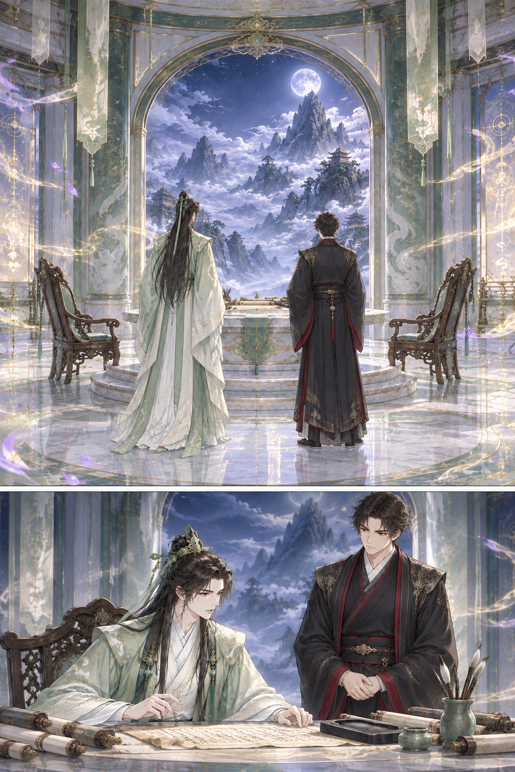 Establishing shot of the Sanctuary Chamber. The polished white marble floor reflects the faint celestial qi. Klein and Alger stand near the central low dais, facing the massive arched window overlooking mist-covered mountains. A stone table