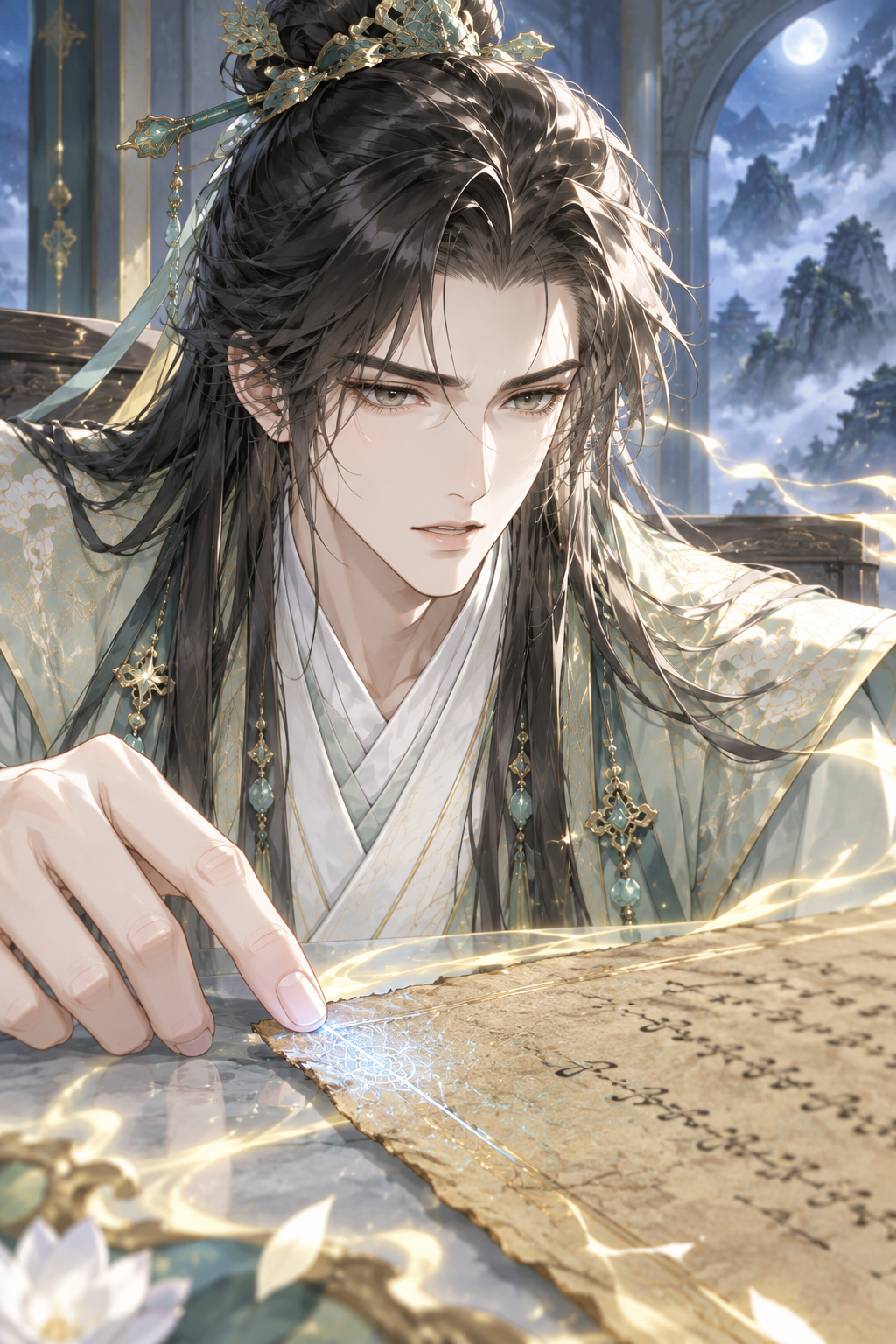 SPLASH PAGE. Extreme close-up on the corner of the parchment, where Klein's gaze has landed. The script is visible, but in the corner, a minute, almost invisible glyph is embedded, glowing faintly with a cold, alien energy, contrasting with