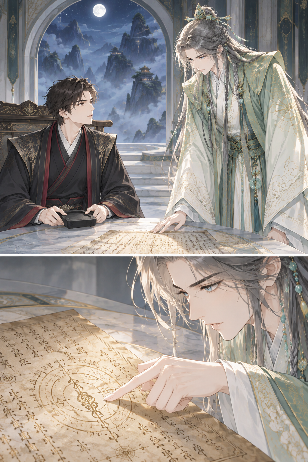 Audrey Hall enters the scene, approaching the table. She examines the parchment with intense focus, her crystalline eyes scrutinizing the symbols.