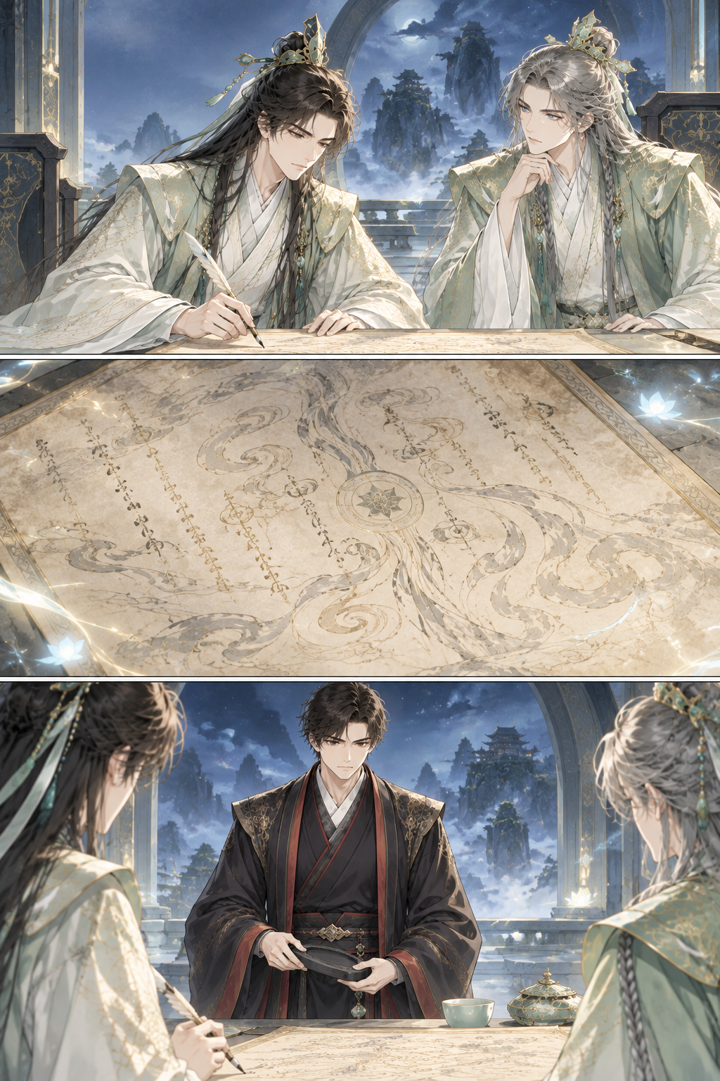 Three panels showing the team working in tandem. Panel 1: Klein begins the interpretation. Panel 2: Audrey leans in, analyzing a symbol. Panel 3: Alger carefully prepares an ink pot, ready for the next phase.