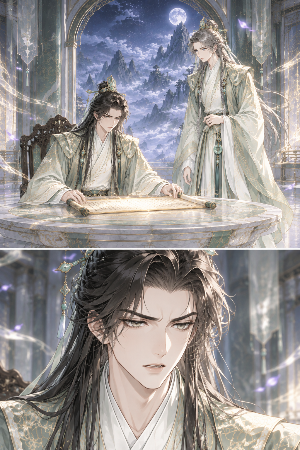 Klein finishes a section of translation. He looks up, a slight furrow in his brow, processing the raw content of the Emperor's early life. The parchment glows faintly under his focus.