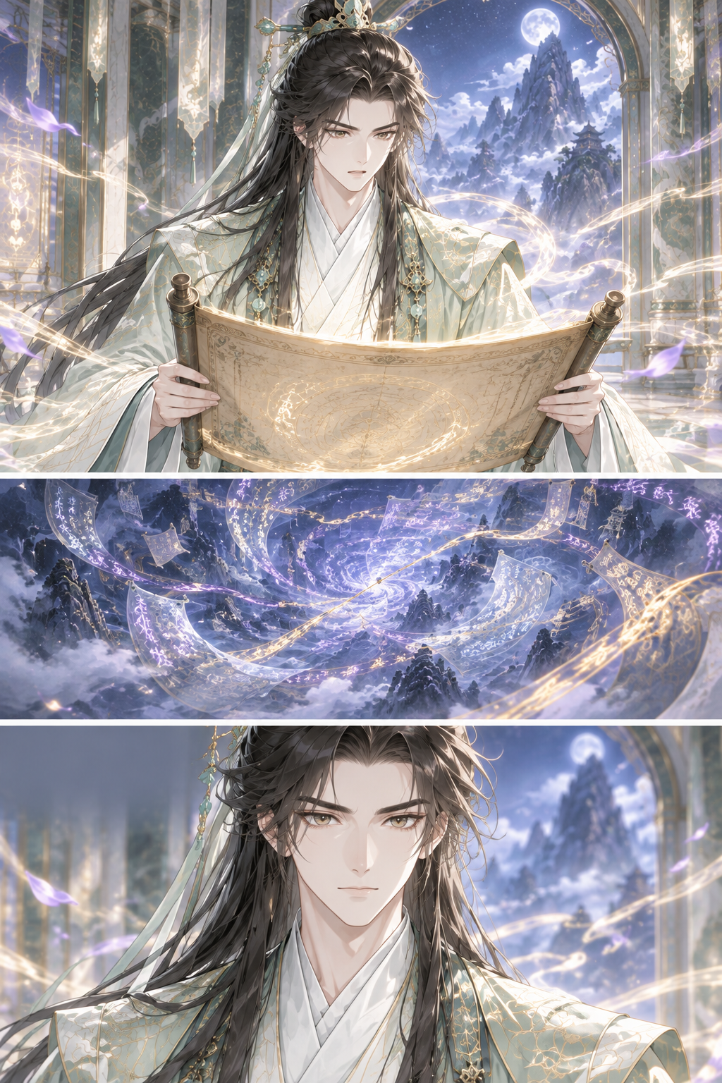 Three panels focusing on the internal weight of the knowledge. Panel 1: Klein absorbs the information. Panel 2: A conceptual shot of the knowledge as a vast, dangerous sea. Panel 3: Klein nods, accepting the guide aspect of the text.
