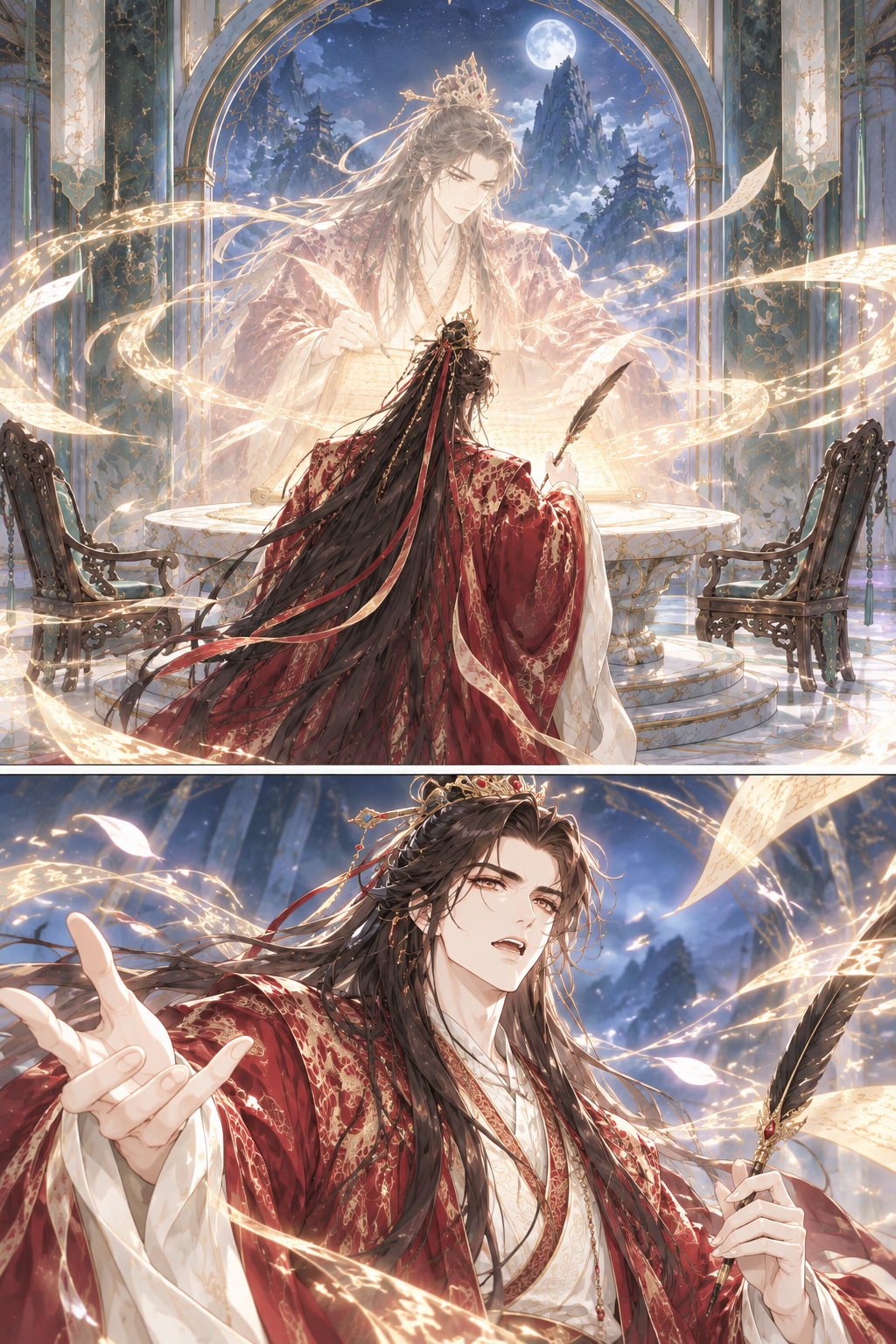 A visualization of the diary's content. The parchment glows as the memory of Emperor Roselle is infused. The visual style shifts to ethereal, highlighting his dramatic, impulsive nature.