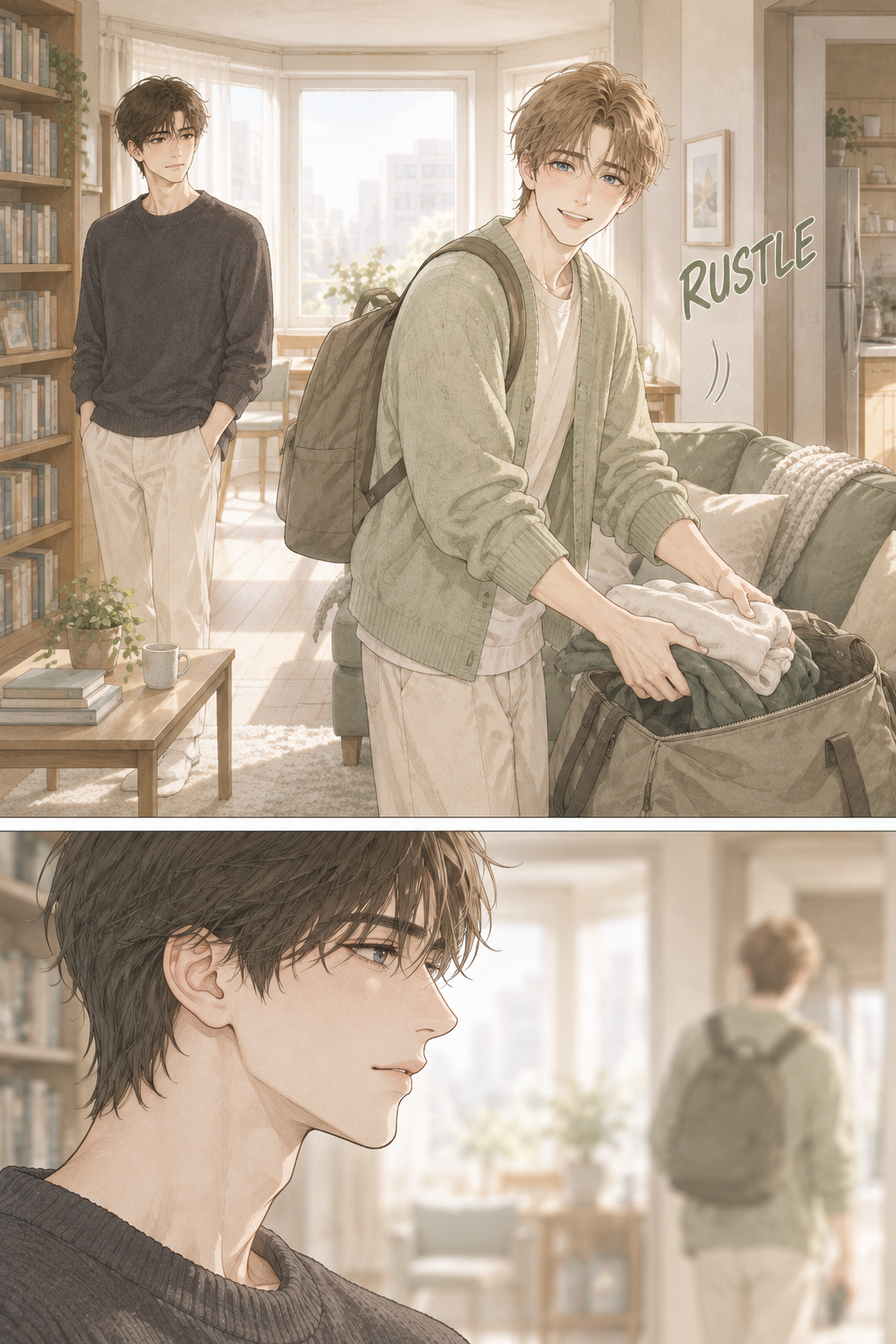 Pawin is now packing his things, preparing to leave the apartment. Krit watches him, a mixture of adoration and resignation in his gaze.