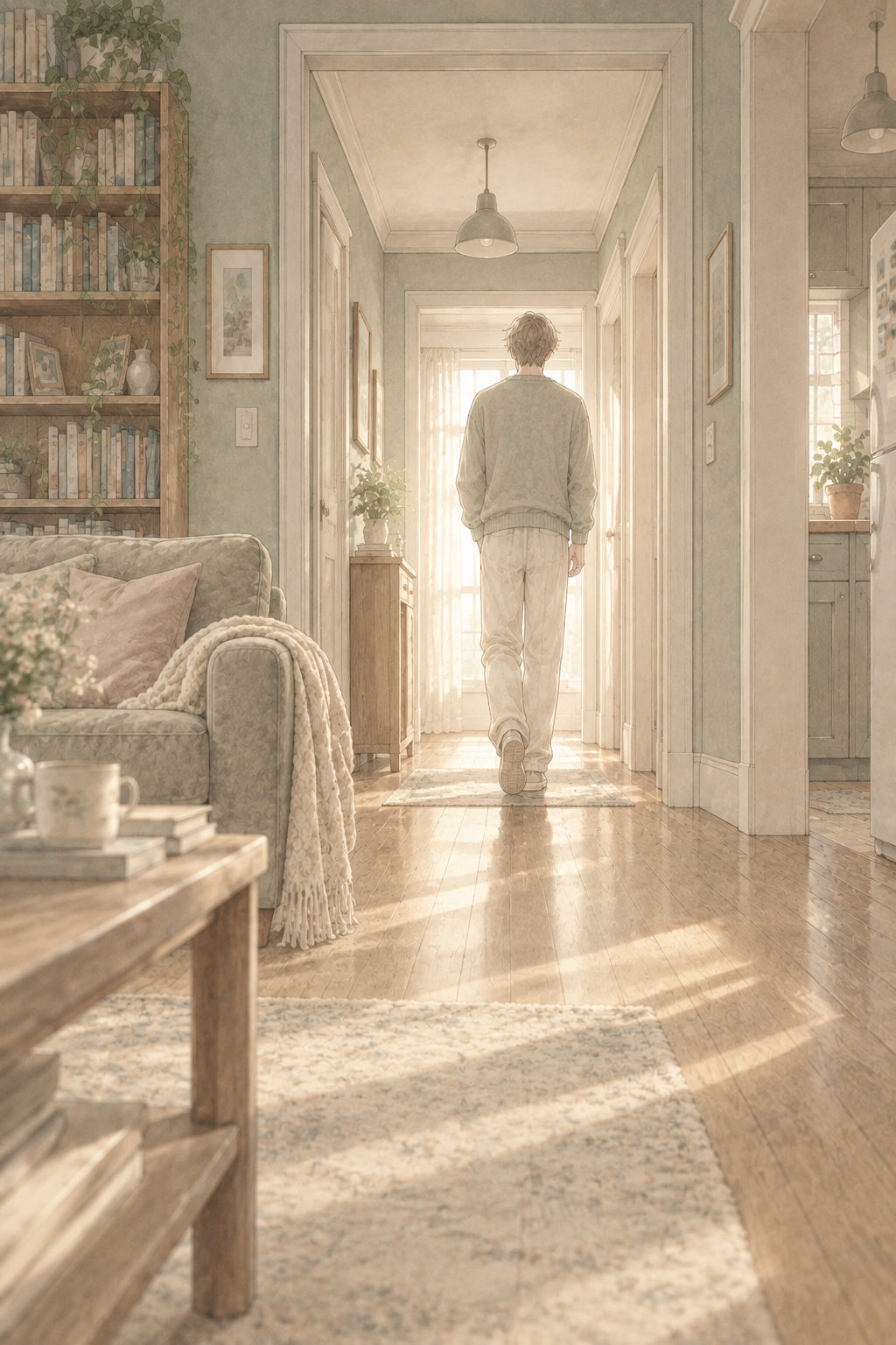 Pawin is walking down the apartment hallway, his figure growing smaller and smaller as he moves away. The light seems to illuminate his path, a beacon Krit watched until it vanished.