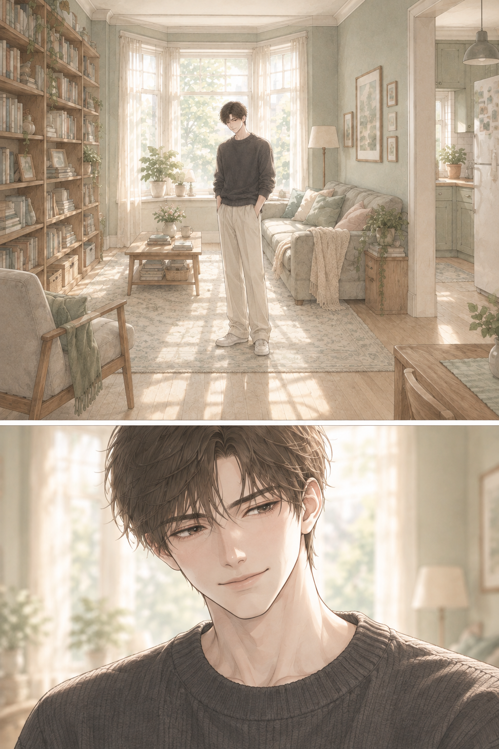 Krit stands alone in the quiet living room. The silence is heavy, contrasting sharply with the vibrancy of the morning light.
