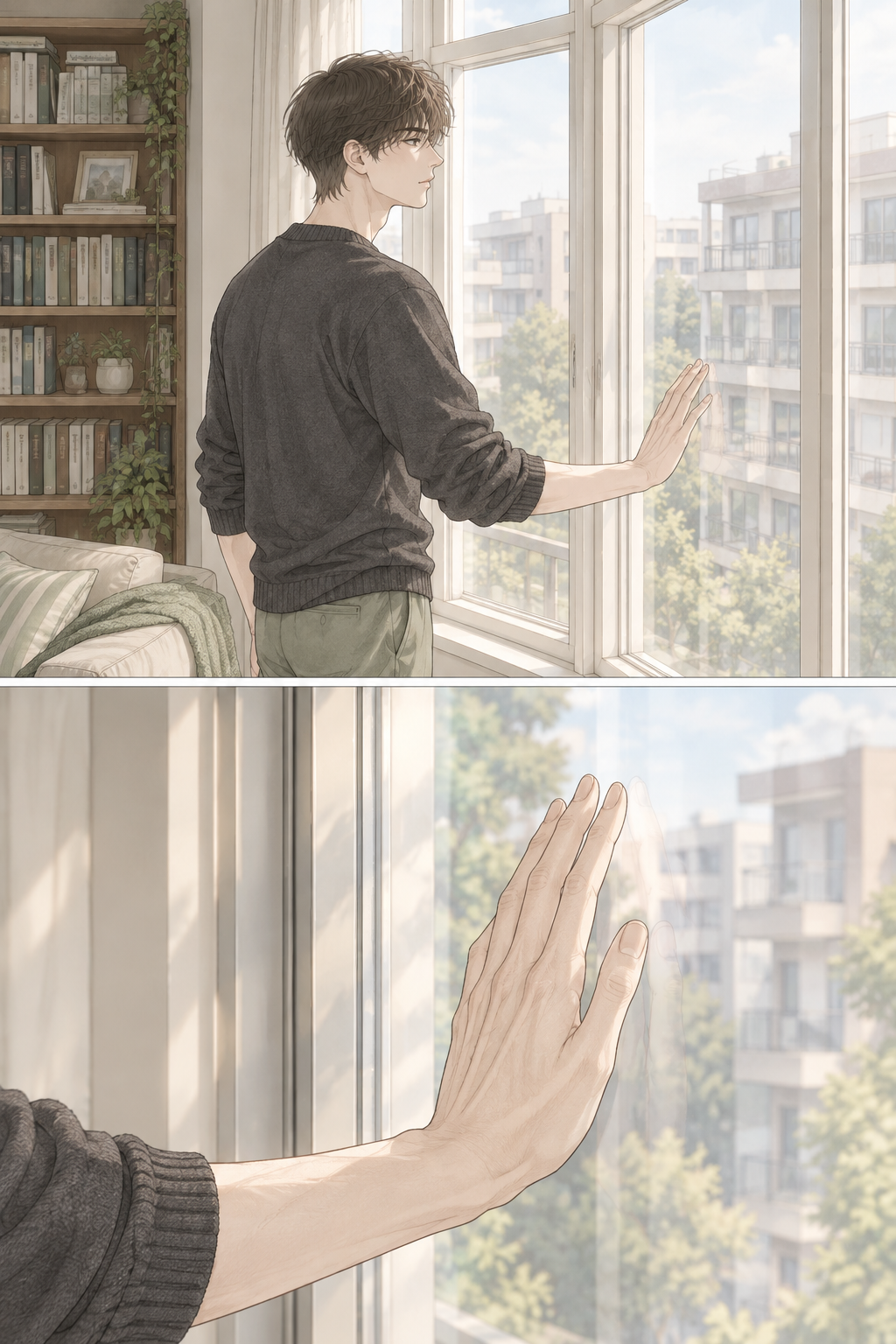 Krit walks slowly toward the bay window, his hand resting on the glass. He looks out at the world, processing the weight of Pawin's simple act of kindness.