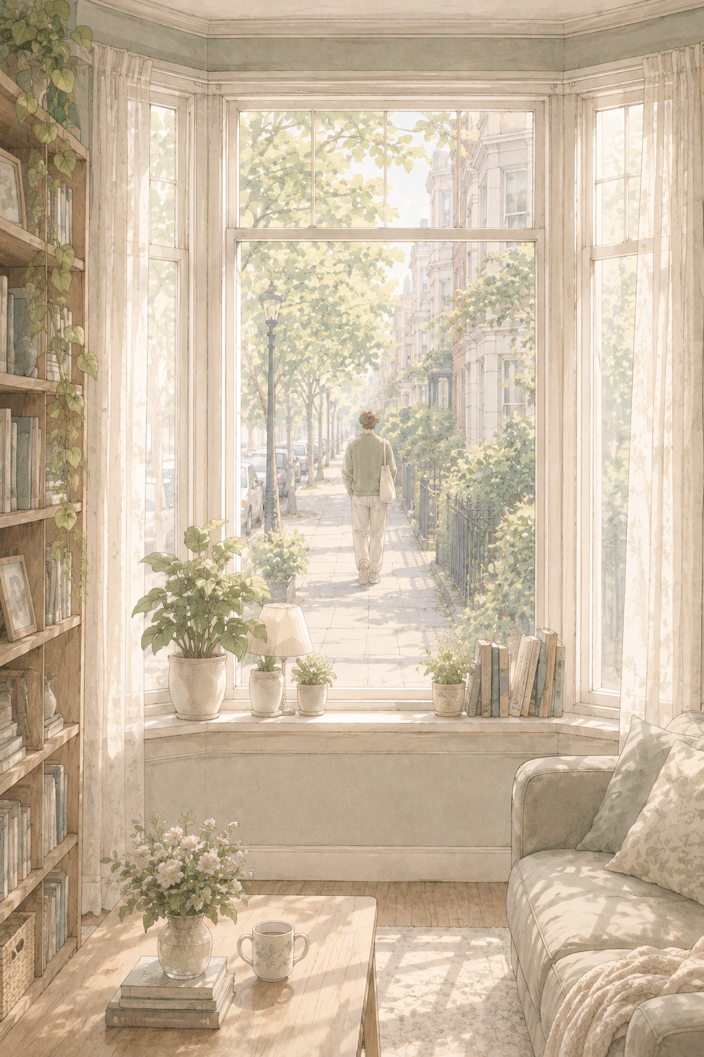 Wide shot from the apartment interior, looking out the bay window. Pawin is a small figure walking away on the street, fading into the distance. The sound of his footsteps is implied.