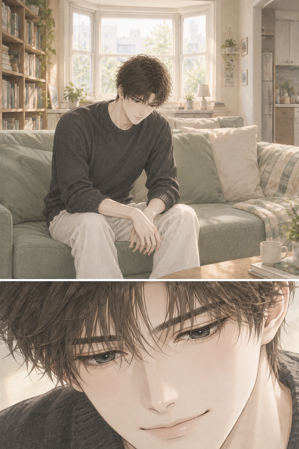 Krit is back in the living room, seated on the sofa. He is still, lost in thought. The memory of Pawin's kindness is now a quiet, precious thing.