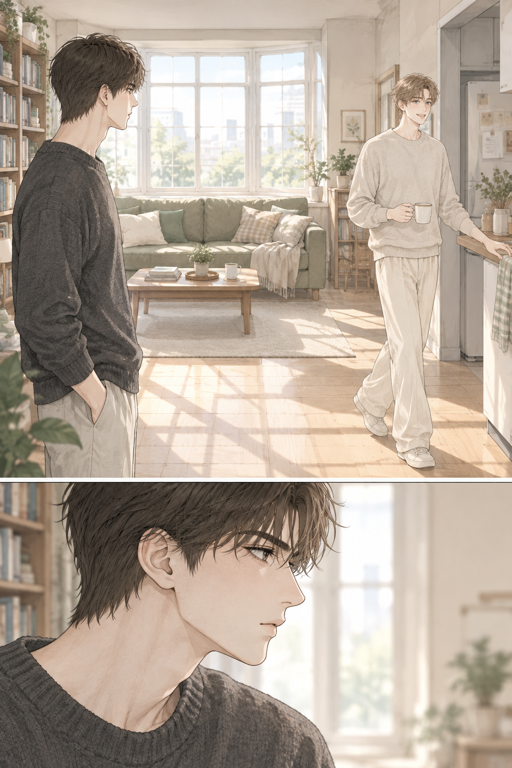 Krit (top) watches Pawin (bottom) moving through the apartment. The focus is on the contrast between Krit's stillness and Pawin's gentle movement.