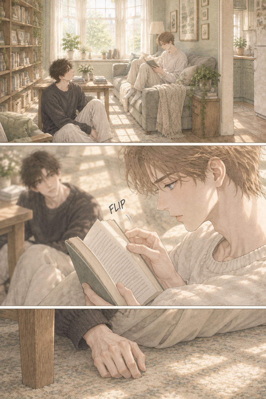 Pawin is reading a book on the sofa, looking thoughtful. Krit is sitting on the floor nearby, leaning against the leg of the coffee table, simply observing him.