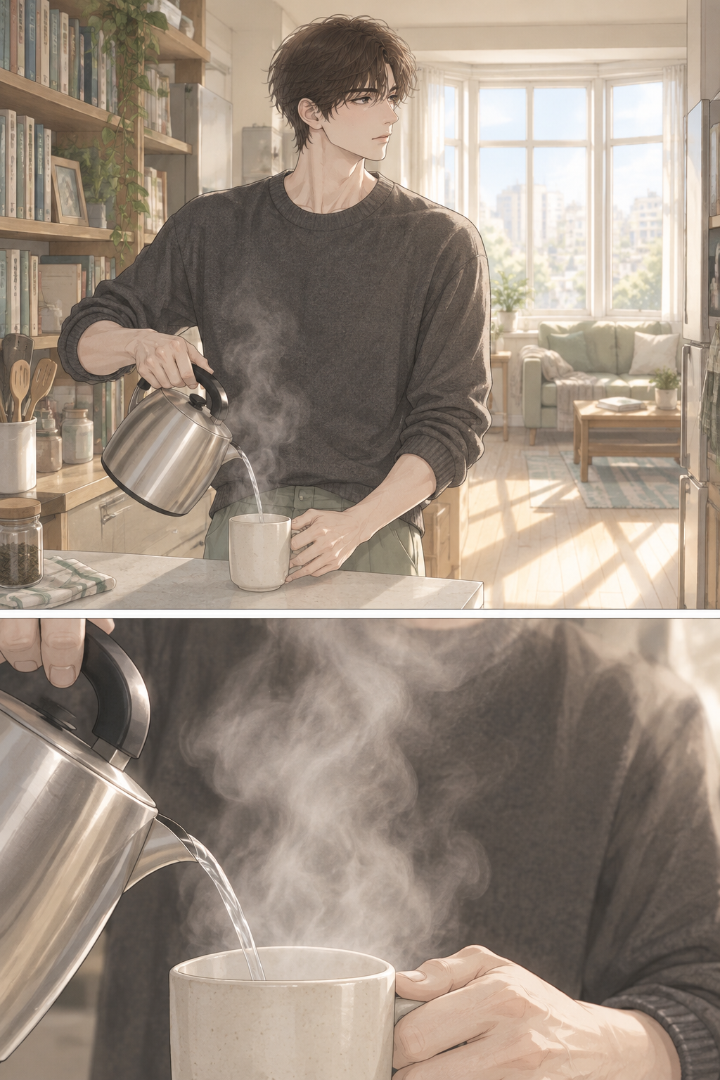 Krit is now in the kitchen, making a cup of tea, but his mind is clearly elsewhere. He is still processing Pawin's presence.