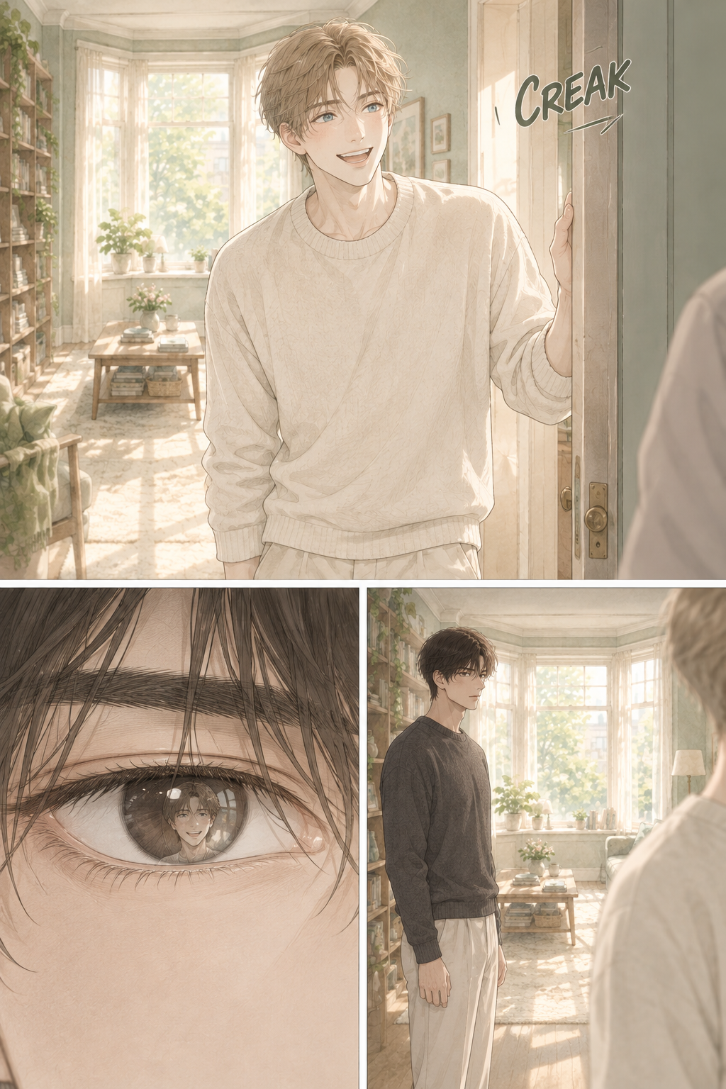 Pawin is seen greeting a neighbor or passerby in the apartment hallway, a brief, easy interaction that Krit observes from the apartment entrance.