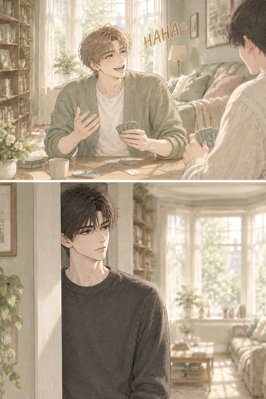 Pawin is in the living room, playing a simple, gentle game of cards or a board game with a friend (unnamed). He is laughing, a sound Krit is absorbing.