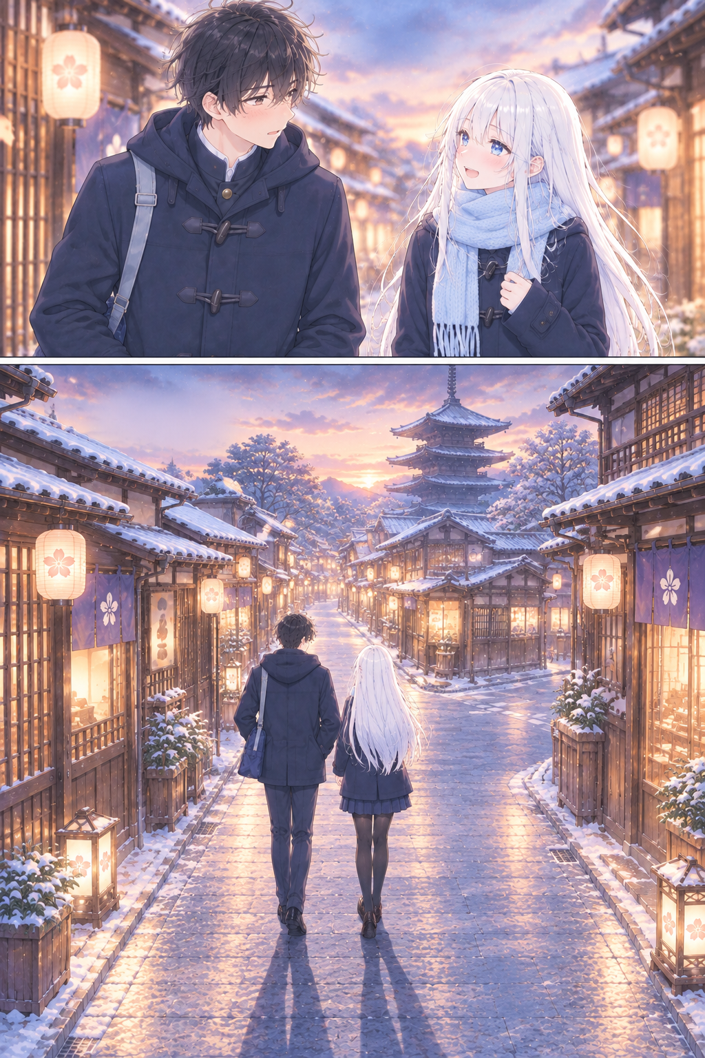 They walk the lantern-lit lane together; she laughs; shadows lengthen.