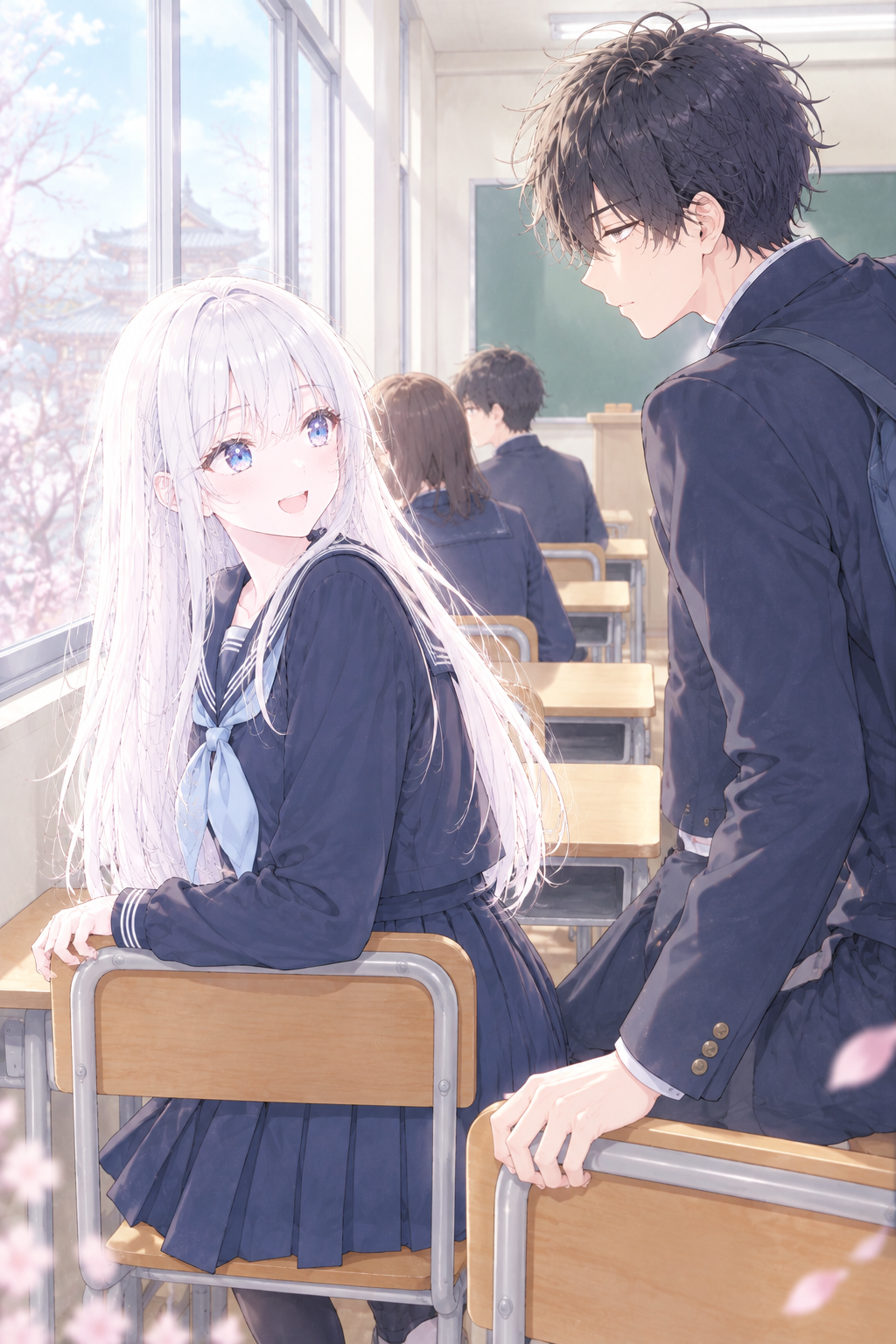 Aika, second row by the window, turns her white head toward Shinji as he reaches the seat behind her.