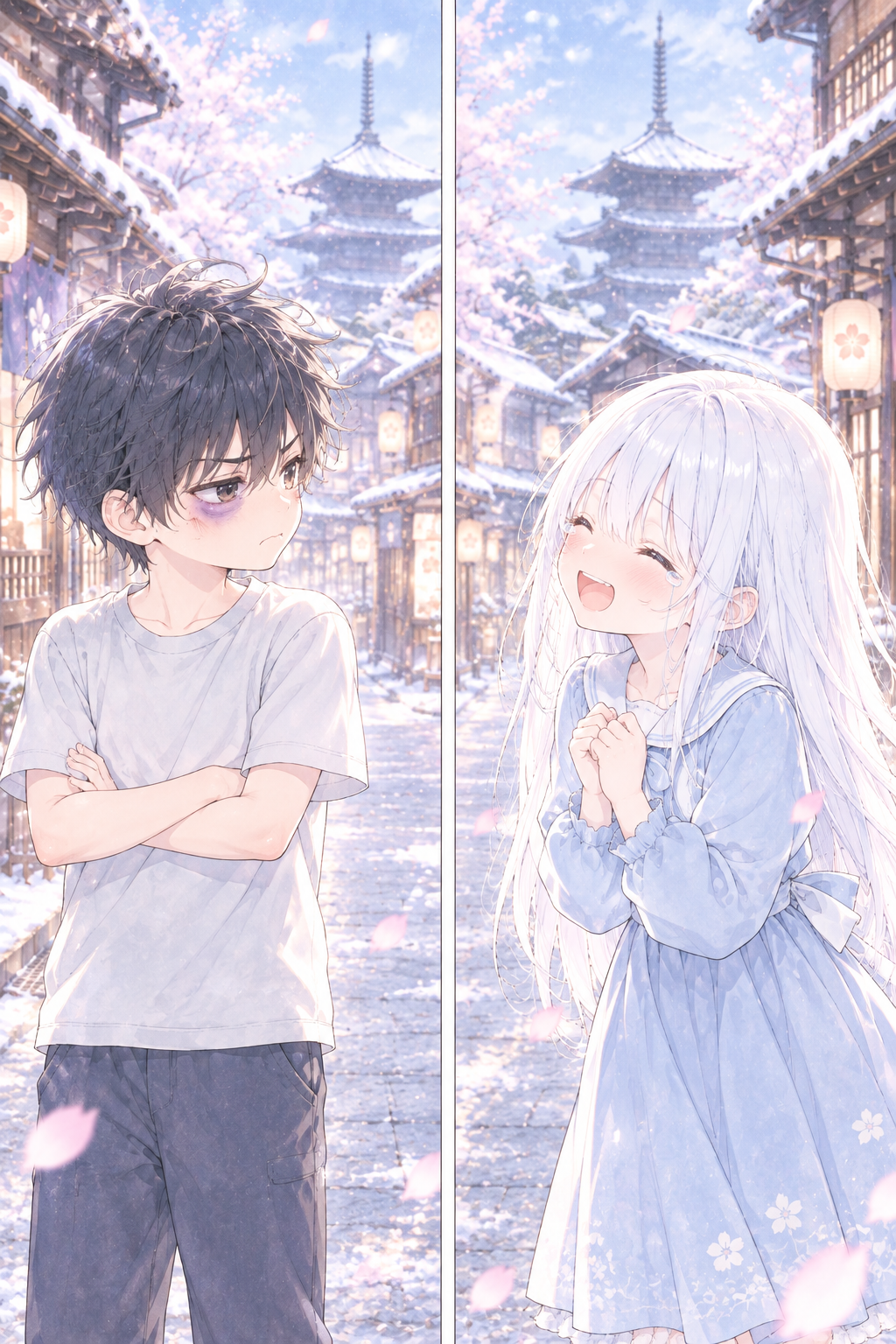 Memory: years ago, child Shinji with a black eye from defending Aika; she laughs.