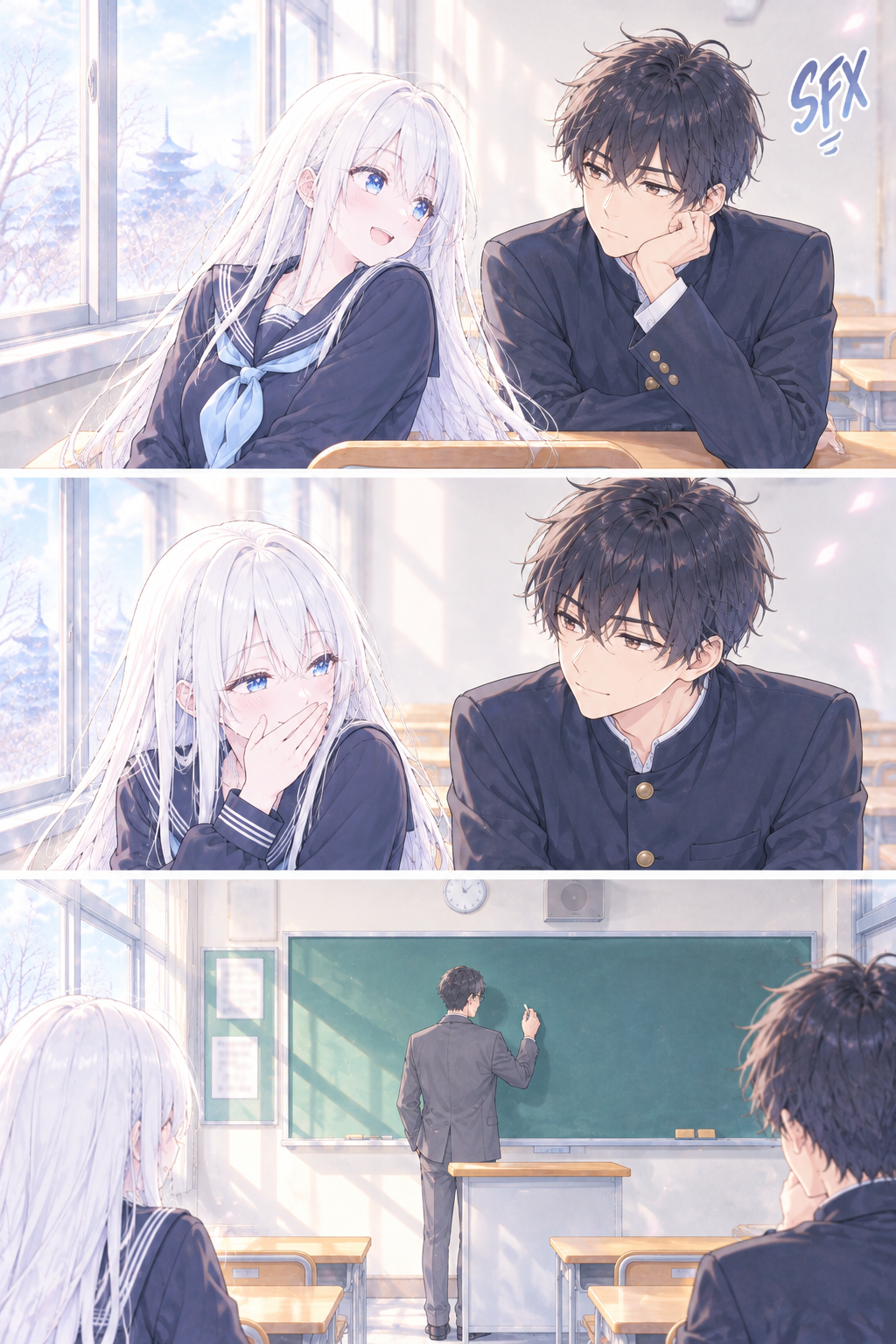 Back in class: whispered banter while Kimura writes on the board.