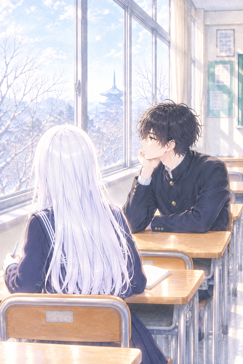 Hours pass; during English, Shinji stares out at the temple roofs.