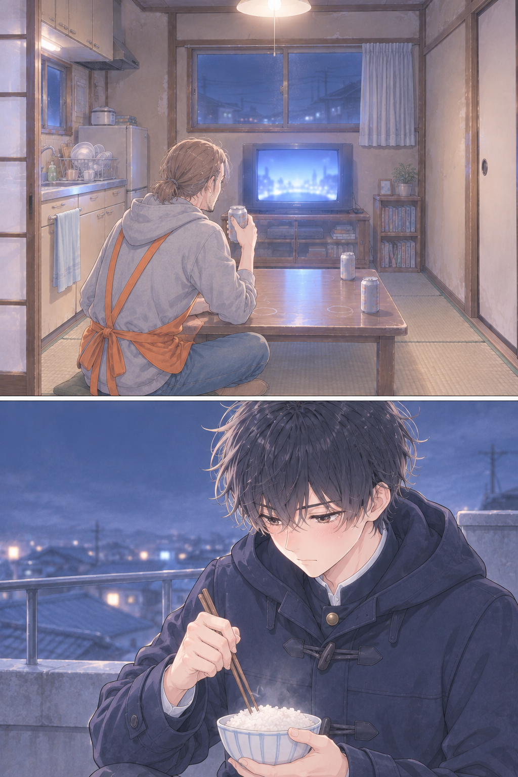 Inset of Shinji's thoughts: Uncle Ryo's absent evenings; back to Shinji on the roof.