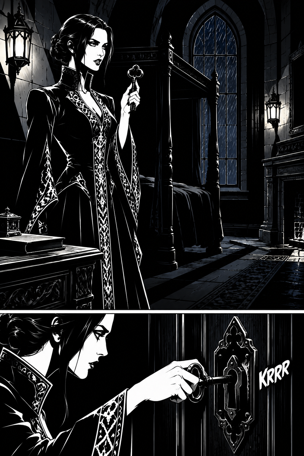Miriel goes to the writing desk, takes up the heavy iron key and crosses to the chamber door.