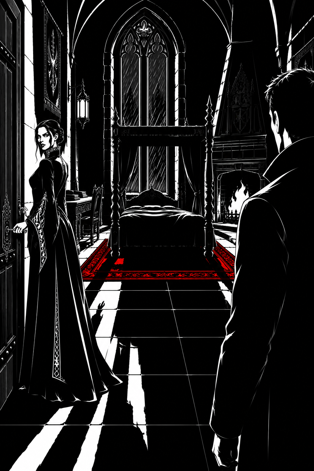 The door is locked. Miriel turns her head back to Harrison across the length of the room.