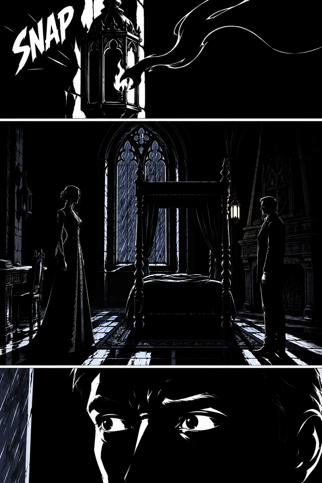 Miriel puts out one lantern with a curl of shadow, dropping the room into near-darkness. Harrison does not see her move.