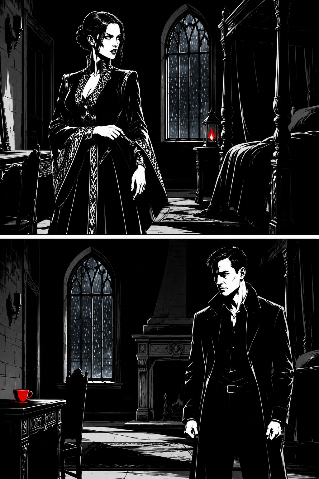 Miriel pockets the key and comes back into the room; Harrison asks the question he has been holding.