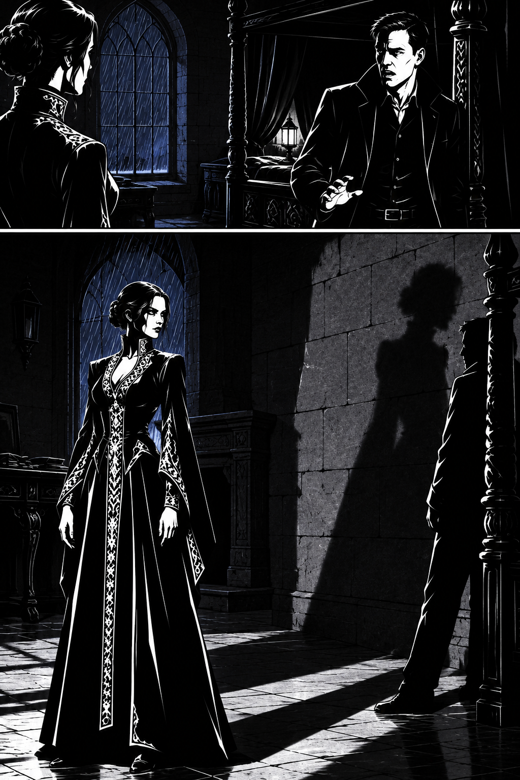 Harrison pulls his chin free and backs into the bedpost; Miriel does not follow, and does not need to.