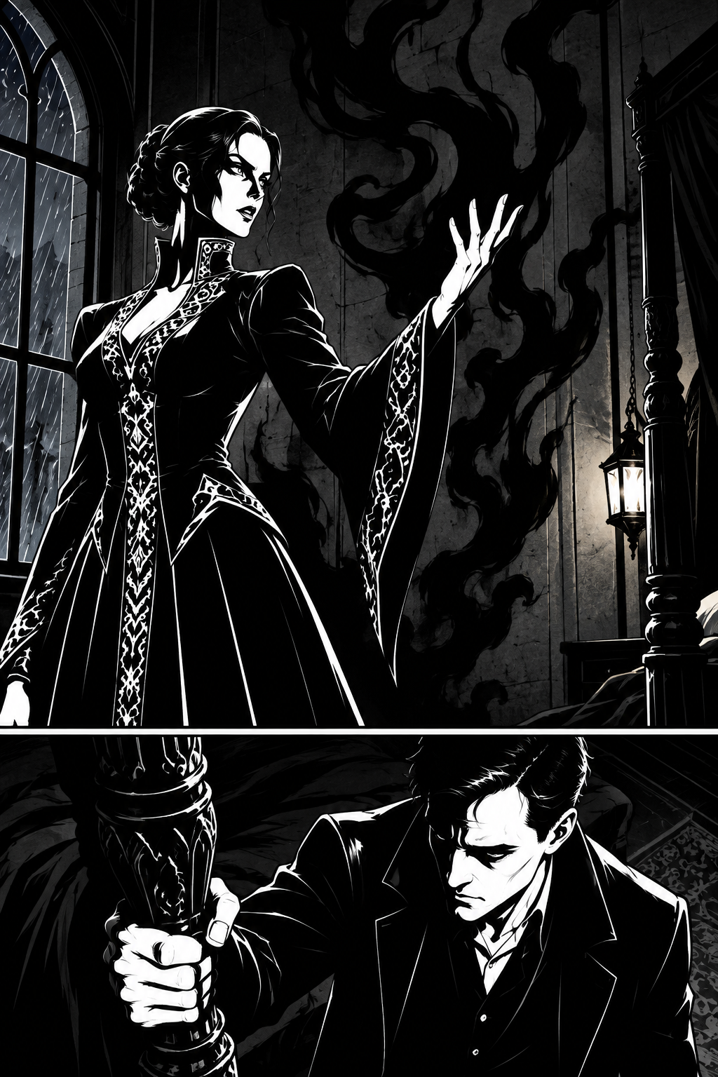 Miriel raises a hand and the shadows behind her rise with it; Harrison's grip tightens on the bedpost.