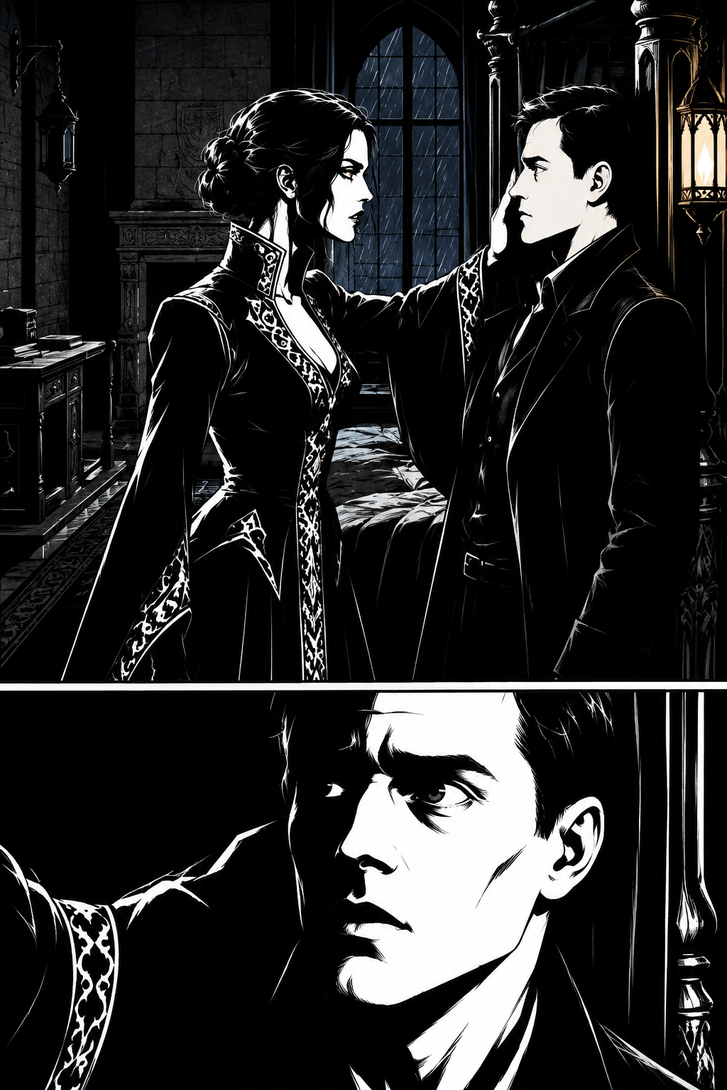 Miriel steps in until there is nothing between them and sets her hand on the bedpost beside his head.