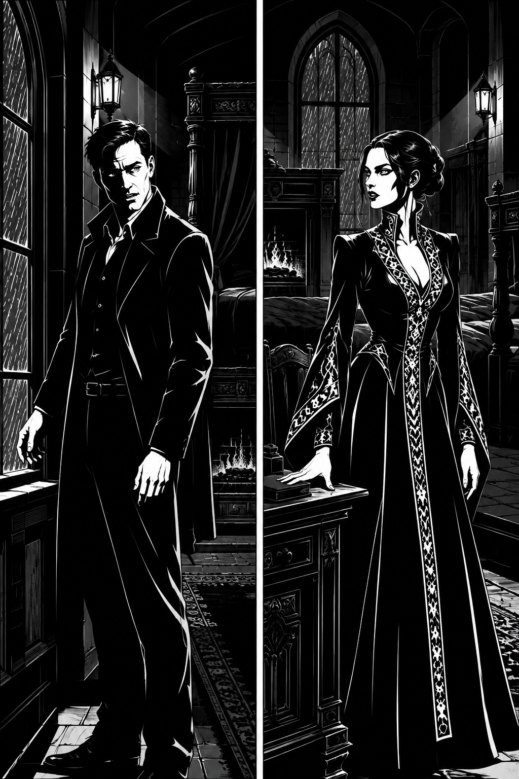 Harrison answers her and turns from the window; Miriel stands up from the desk.