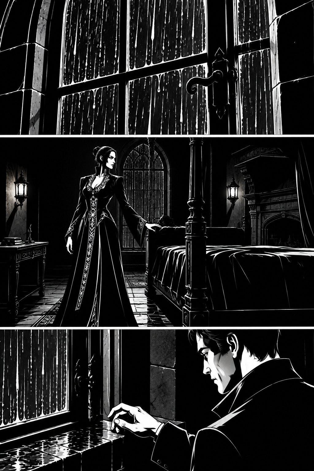 Miriel begins to cross the chamber toward him, unhurried; Harrison's hand comes off the window sill.