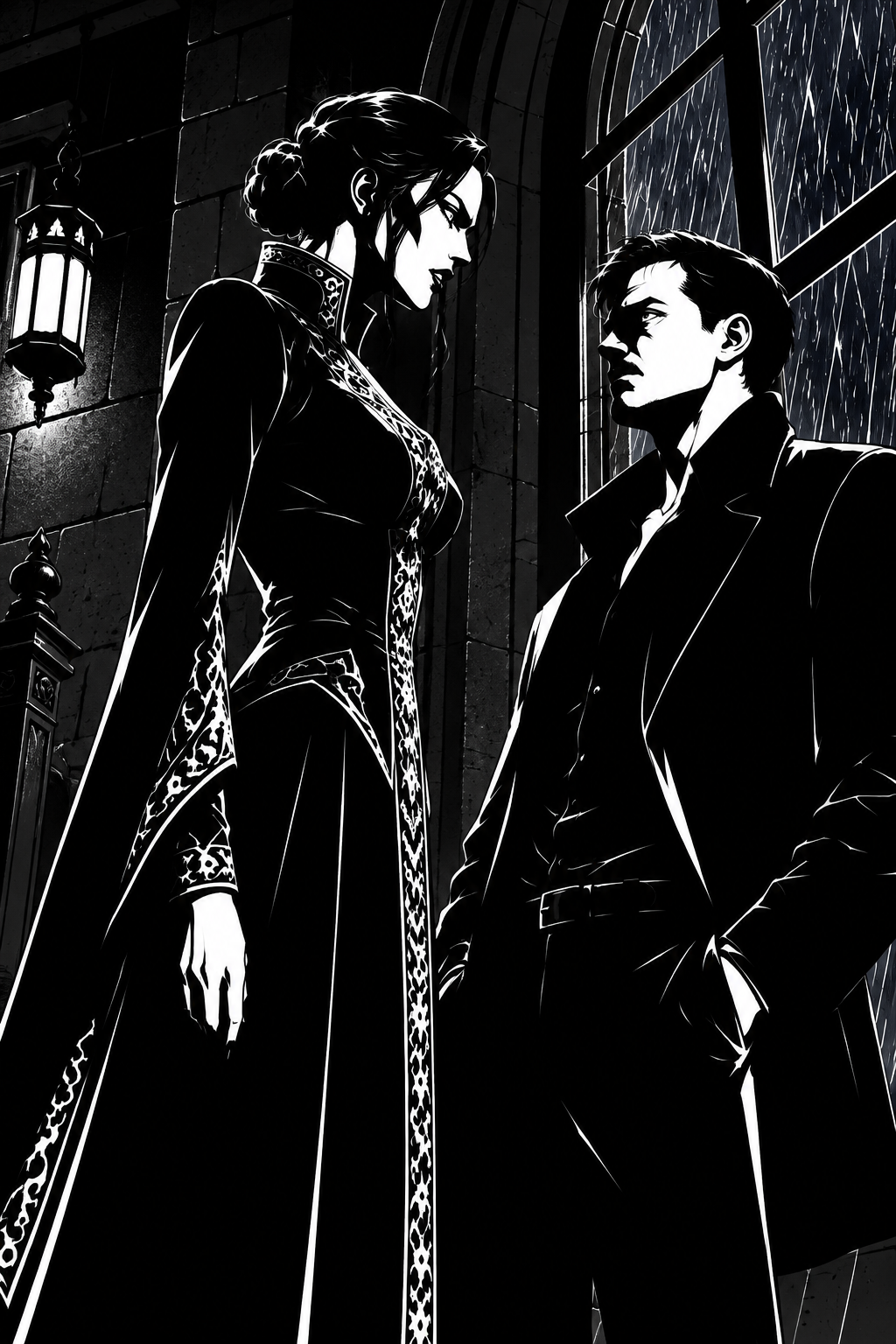 Miriel has closed the distance and stands over Harrison at the window; he has not stepped away.