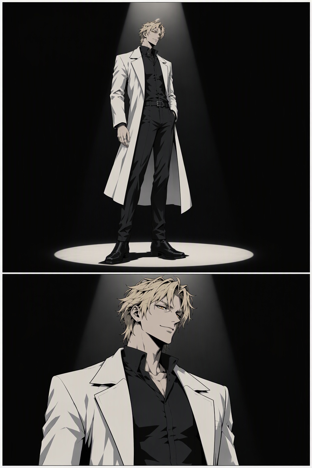 On the dark profile stage under the single overhead spotlight, CB stands alone at centre. The character summary of the previous page gives way to his appearance: the page shows his full height, then closes in on his broad shoulders tapering