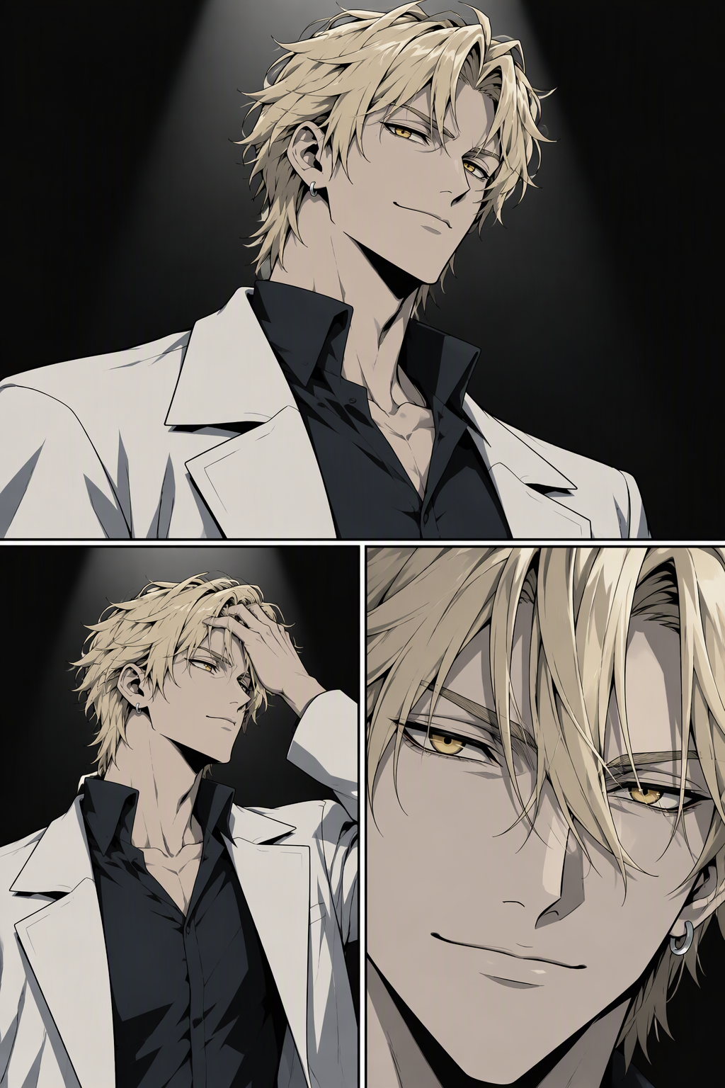 Same dark profile stage and overhead spotlight; CB still alone at centre. After the full-body view of his build, the camera moves in to his face: the disarming smile, then his hand through his tousled blonde hair, then loose strands catchin